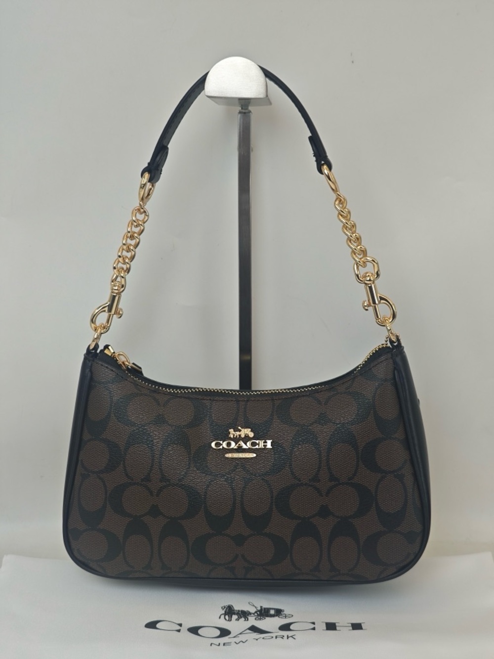 Coach Dark Brown Signature Mini Hobo with Gold Chain